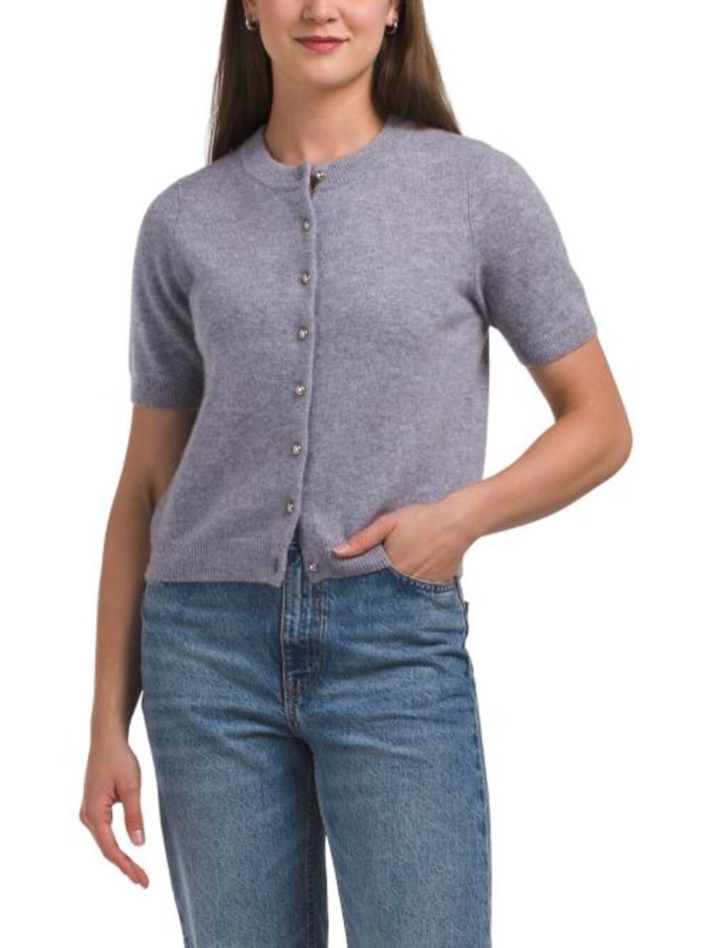ARCHER CASHMERE Cashmere Ashton Short Sleeve Button Front Crew Neck Cardigan - Picture 1 of 3